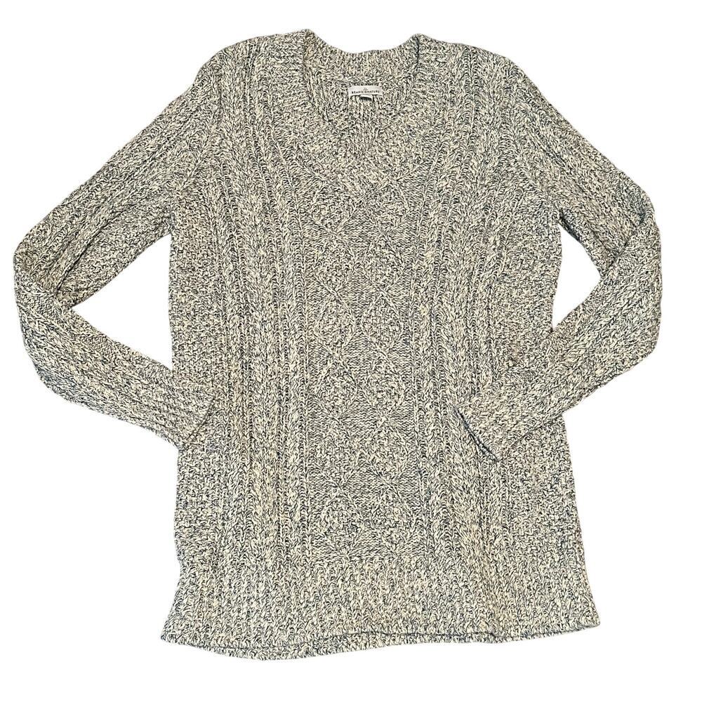 LL Bean Signature Blue and Cream V-neck chunky cable knit fisherman sweater